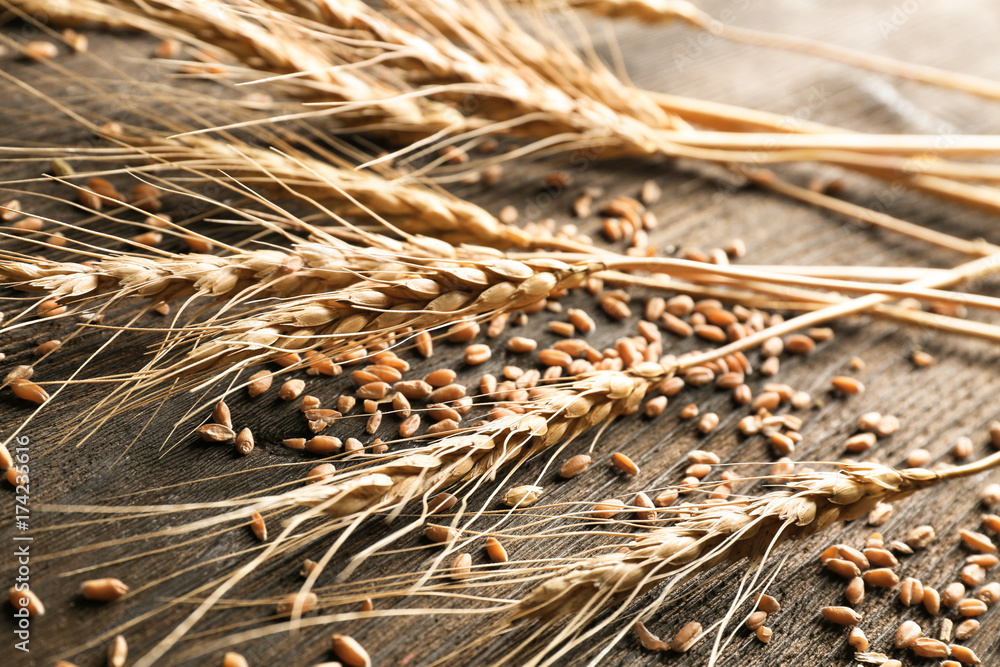 Ripe cereal grains and spikelets on wooden background, closeup