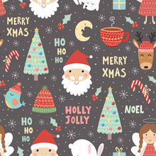 Funny Christmas Seamless Pattern With Santa Claus, Deer, Rabbit, Angel, Moon, Bird And Christmas Tree. Winter Holidays Cute Background. Vector Illustration
