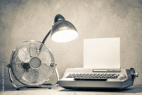 Retro Typewriter With Paper Blank Old Desk Lamp And Classic