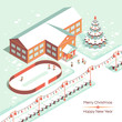 Winter Landscape. The School and the Students During the Christmas and New Year.