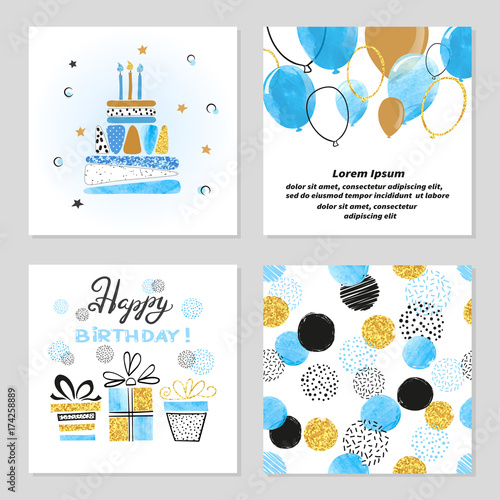 Happy Birthday cards set in blue and golden colors. Celebration vector illust...