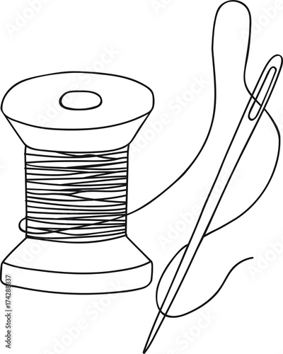 Download Hand drawn vector illustration vintage wooden spool thread needle, retro style, coloring page ...
