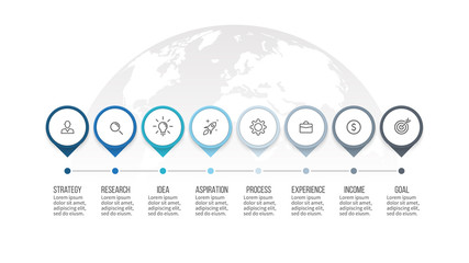 Sticker - Business process. Timeline infographics with 8 steps, options, arrows. Vector template.