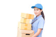 © Bavorndej - Young Asian Woman with Delivery service worker in uniform. Woman holding Box with attractive  smiling isolated on white background.