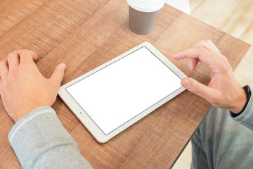 Poster - Guy touch tablet display. Isolated blank screen for mockup.