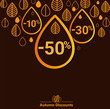 Autumn fall discount percentage, on dark background bright stilyzed leaves and water drops