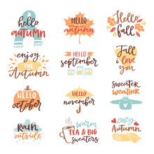 Fall Nature Season Vintage Hand Drawn Lettering Stickers With Text Autumn And Floral Elements Phrases Vector Illustration