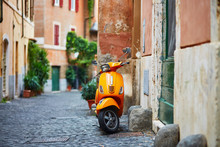 Old Fashioned Motorbike On A Street Of Trastevere, Rome