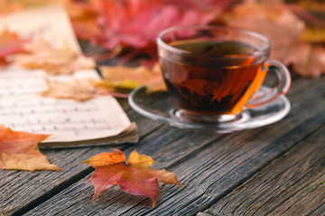 Wall Mural - relax time in fall season. red maple leaf on table
