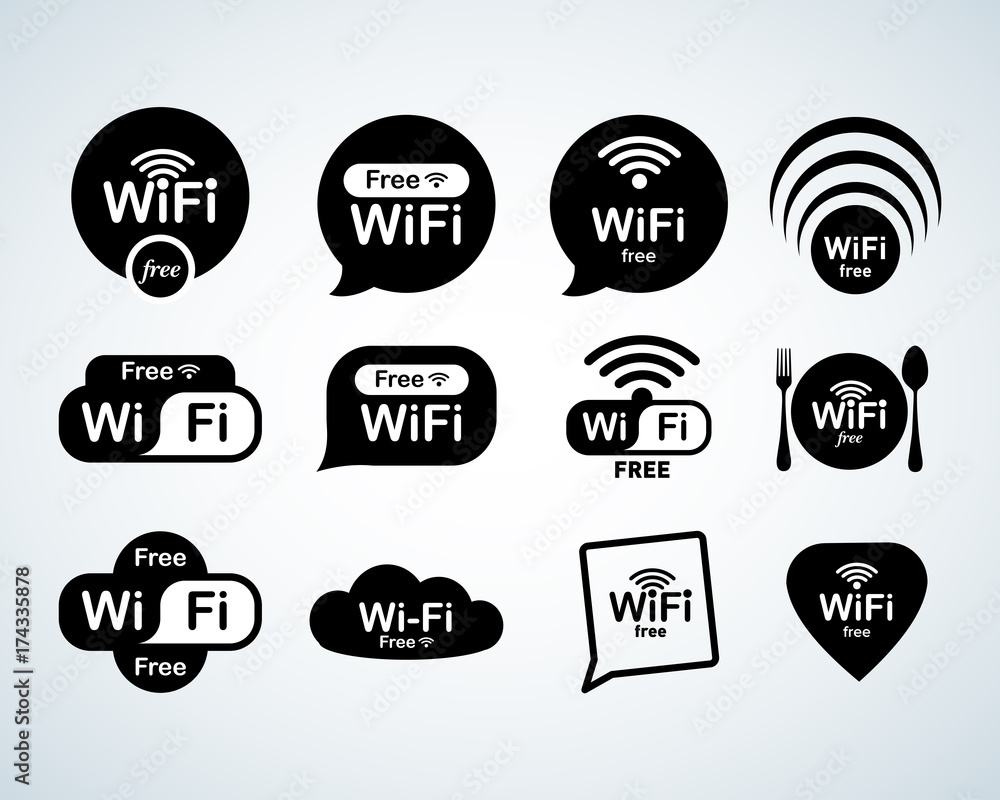 Free wifi  logo set. Free wifi signs set. Wifi symbols. Wireless Network icons. Wifi zone. Modern UI website navigation. Isolated Vector illustrations. - obrazy, fototapety, plakaty 