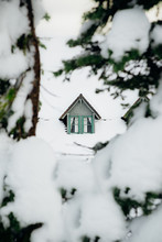 Dormer Window On Top Of Mountain Lodge Roof Covered In Snow Seen Through Pine Trees