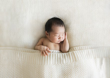 New Life - Asian Newborn Baby , Sleeping In White Blanket