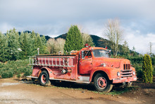 Old Rusty Fire Truck On Christmas Tree Farm