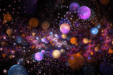Abstract Colorful Glowing Drops And Sparkles On Black Background. Fantasy Fractal Texture In Orange, Blue And Pink Colors. Digital Art. 3D Rendering.