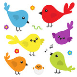 Fototapeta Pokój dzieciecy - Bird icon set. Cute cartoon colorful character. Birds baby collection. Decoration element. Singing song. Flower, worm insect, music note, shell nesting. Flat design. White background. Isolated.