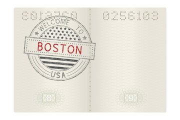 Wall Mural - Open passport with Welcome to Boston stamp