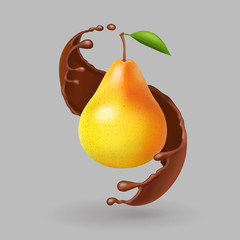 Wall Mural - Pear realistic fruit in chokolate splash. Vector