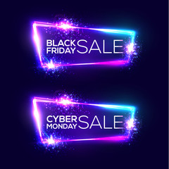 Wall Mural - Black friday sale. Cyber monday sale. Neon background. Holiday shopping sign with flares and sparkles. Night club electric techno frame with explosion and light. 3d discount bokeh vector illustration.