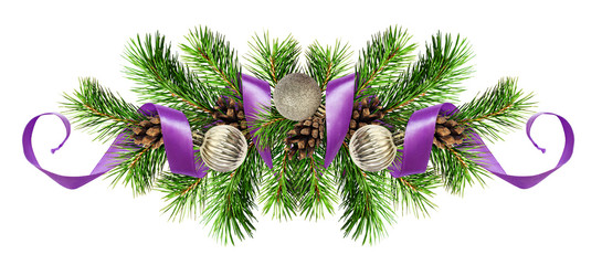 Wall Mural - Christmas arrangemen with pine twigs, silver balls and purple ribbon