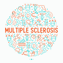 Multiple Sclerosis Concept In Circle With Thin Line Icons Of Symptoms And Treatments: Disorientation, Heredity, Neuron Myelin Sheaths, Vitamin D. Vector Illustration For Banner, Web Page.