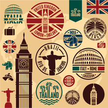 Travel Icons. Travel Stickers Set. Travel Stamps Collection.