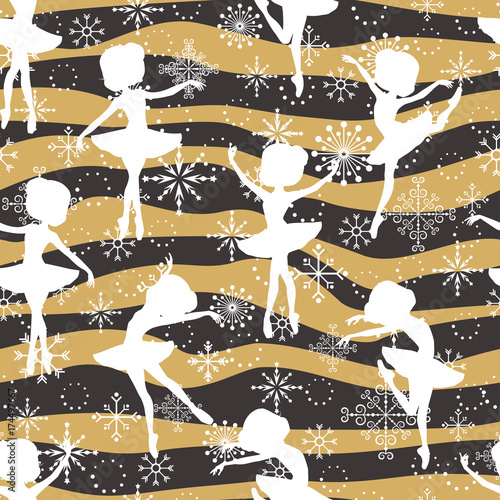 Seamless pattern with snowflakes and cute little ballerinas for Christmas pac...