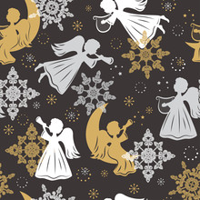 Seamless Pattern With Snowflakes And Angels For Christmas Packaging, Textiles, Wallpaper. Vector Illustration.