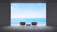 Modern Living Room Black Leather Sofa Sea View Summer 3d Rendering