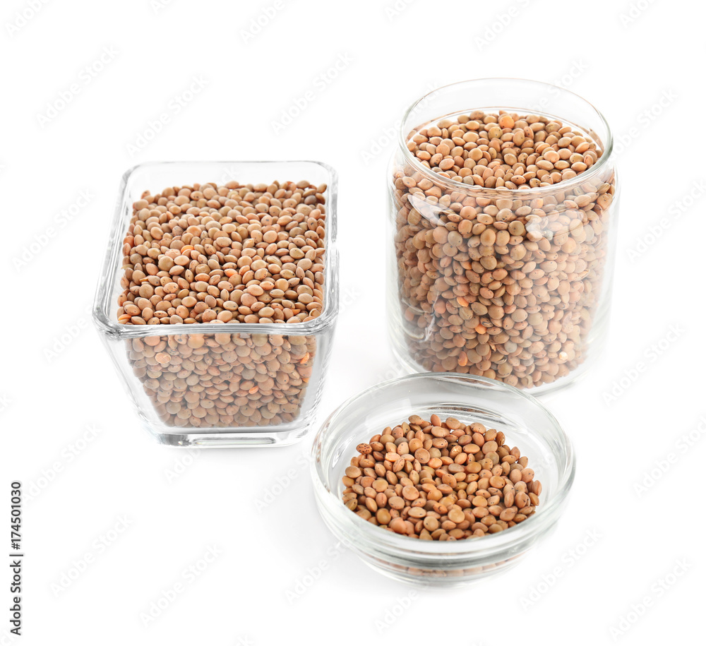 Glassware with healthy lentils, isolated on white