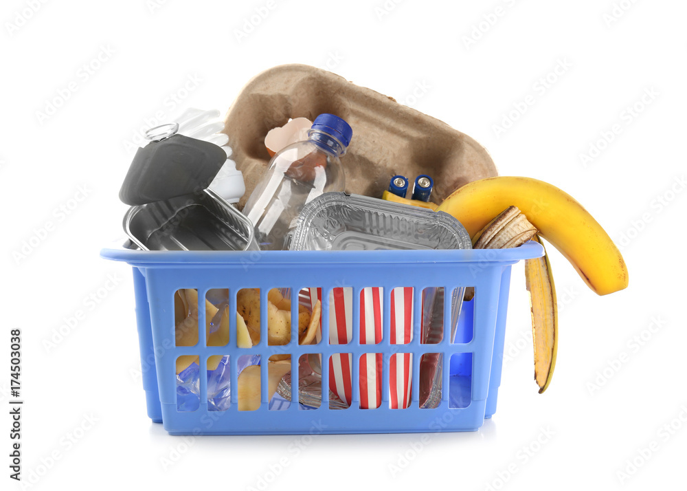 Plastic container with garbage on white background