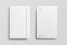 Blank Photorealistic Notebook Mockup On Light Grey Background, Front And Back View.