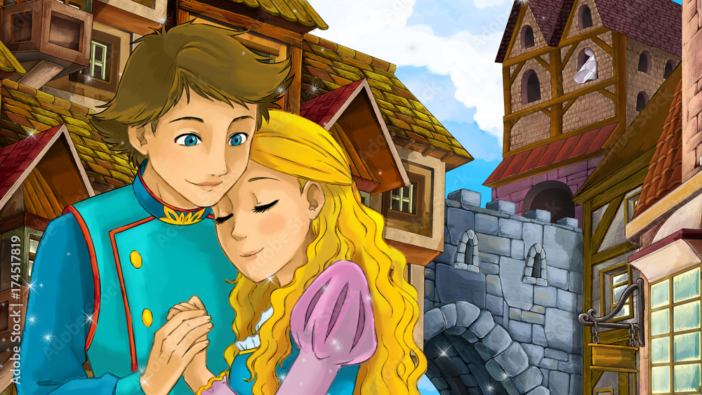 Cartoon scene of beautiful princess and prince in the old town - castle ...