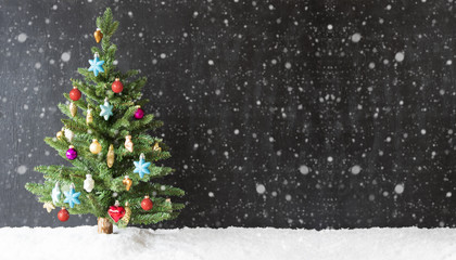 colorful christmas tree, snow, copy space, snowflakes