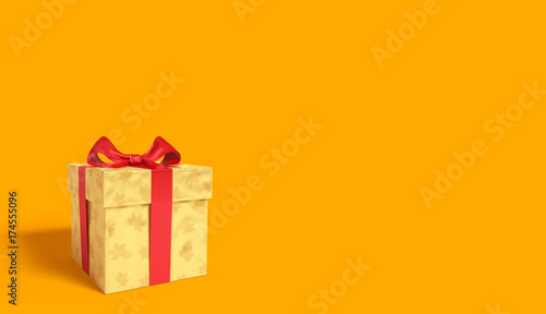 Download Golden Gift Box With Shiny Reflection Maple Leaves And Red Glossy Ribbon And Bow On Yellow Background Buy This Stock Photo And Explore Similar Images At Adobe Stock Adobe Stock PSD Mockup Templates