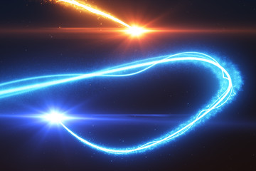  Cold and hot light streak breaks out on a black background with smoke and light particles 3d illustration