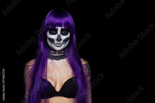 Close Up Portrait Girl Of Purple Hair Wig With Terrifying