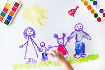 Poster - Child's hand paints sketch of the family