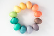 © Lauren Light/Stocksy - Colorful dyed easter eggs arranged in rainbow circle on white background