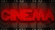 3D rendering flickering blinking red neon sign on  film strip background, cinema movie film entertainment sign