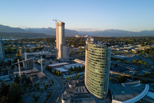 Surrey City Centre, Greater Vancouver, British Columbia, Canada. Taken From An Aerial Perspective During Sunset.
