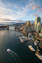 Aerial View Of The Residential Buildings In False Creek, Downtown Vancouver, British Columbia, Canada.