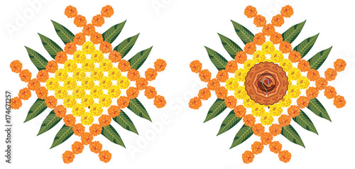 Stock Illustration Of Flower Rangoli For Diwali Or Pongal Or Onam Made Using Marigold Or Zendu Flowers And Red Rose Petals Over White Background With Diwali Diya In The Middle Buy