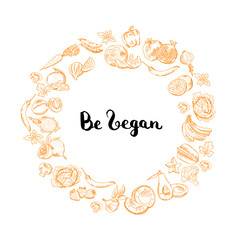 Wall Mural - vector handdrawn fruits and vegetables circle illustration with be vegan lettering
