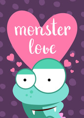 Wall Mural - Vector Valentines Day card with heart, cute monster and lettering on circles background