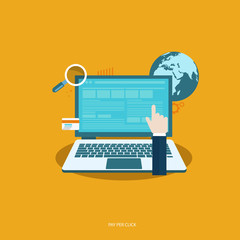 Wall Mural - pay per click concept. flat vector illustration with laptop and pointer.