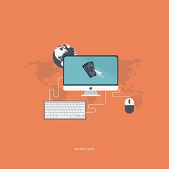 Wall Mural - pay per click concept. flat vector illustration with computer screen, keyboard, mouse and pointer.
