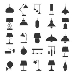 Silhouette of modern interior equipment. Chandeliers, lamps on desk and floor. Black vector illustrations of symbols of light