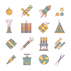 Wall Mural - dynamite, bomb, fireworks and other pyrotechnics tools. vector linear illustration