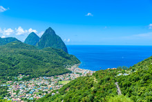 Gros And Petit Pitons Near Village Soufriere On Caribbean Island St Lucia - Tropical And Paradise Landscape Scenery On Saint Lucia