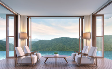 Pool villa living room with mountain view 3d rendering image.The living room floats above the pool. Inside is a wooden floor the doors are open on all sides. Touch nature closely.